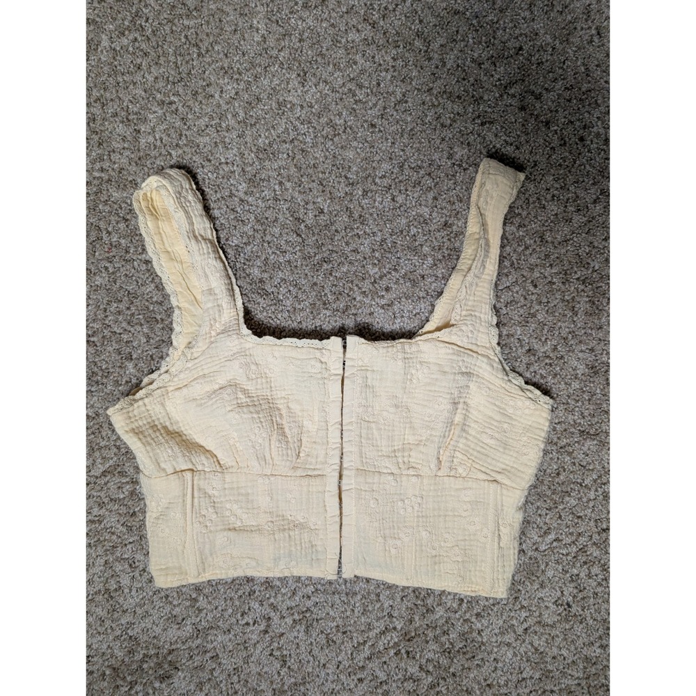 Forever 21 Women's S Pale Yellow Embroidered Gauze Corset Crop Top Coquette
